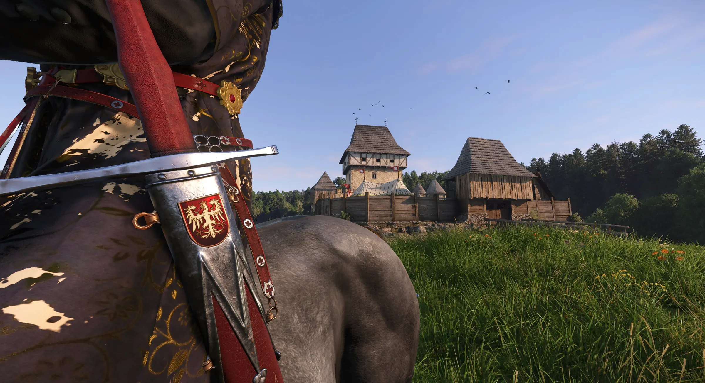 A rider of the realm before a wooden castle, his sword bearing the eagle of Realm First